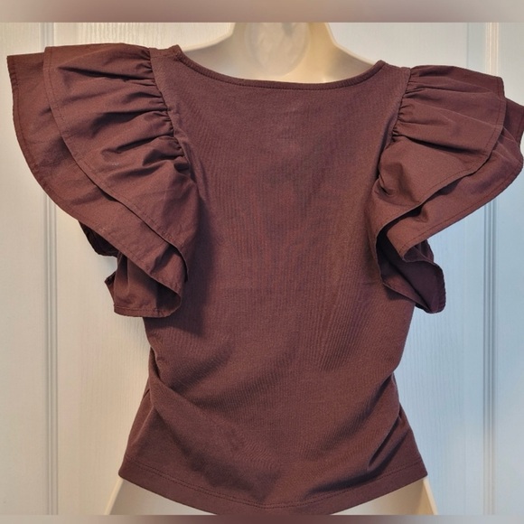 BROWN waist length Top short double ruffle flutter sleeves square neckline XL - Picture 5 of 9